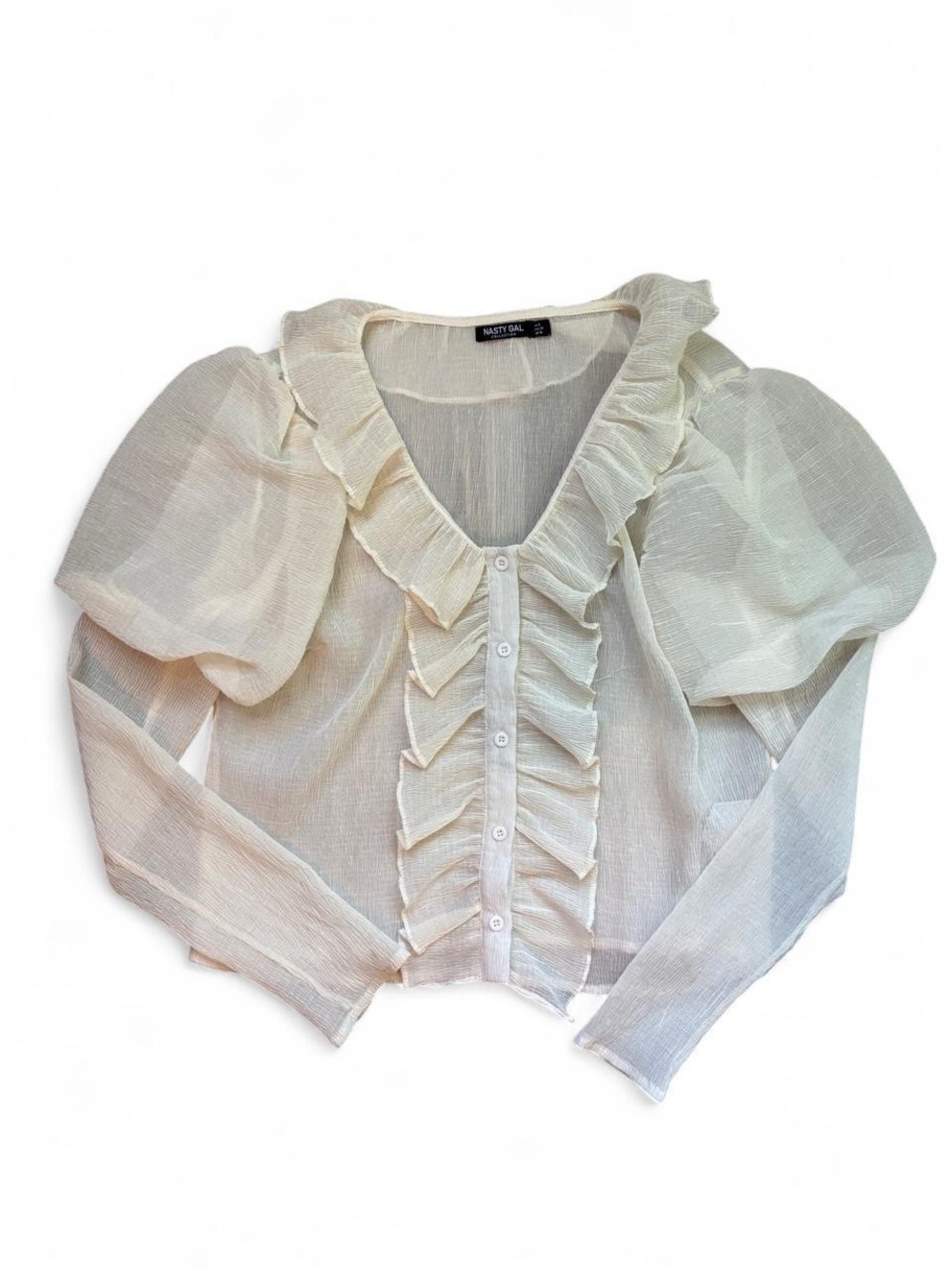NASTY GAL Cream Ruffle Button-Up Puff Sleeve Blouse